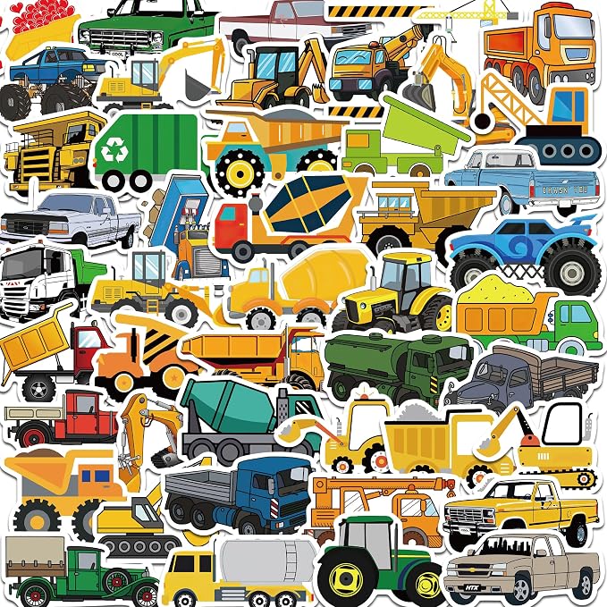 50 Pcs Construction Vehicle Stickers for Scrapbooking, Waterproof Vinyl Truck Stickers for Laptops Water Bottles Journals, Cute Engineering Car Decals for Kids Boys Teens