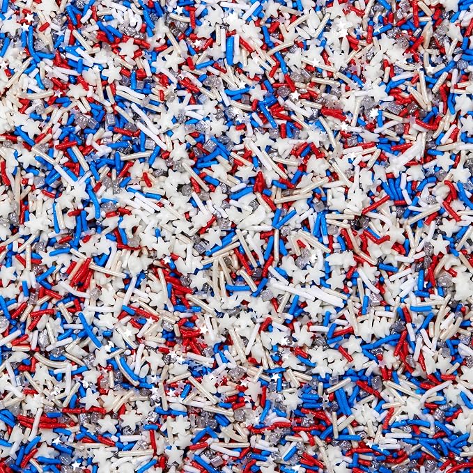 Fancy Sprinkles Party in the USA Sprinkles | Red, White, Blue & Silver Jimmies, Glitter Stars & Metallic Hexagons | 4th of July Cake & Cookie Decorating | 1 Pack (0.5c)