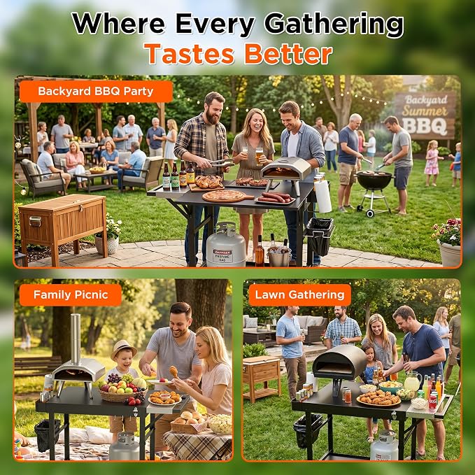 Pizza Oven Table for Ooni Pizza Ovens, Grill Cart Table with Topping Station, Large Countertop Pizza Oven Stand, Foldable Outdoor Cooking Stand with Propane Storage