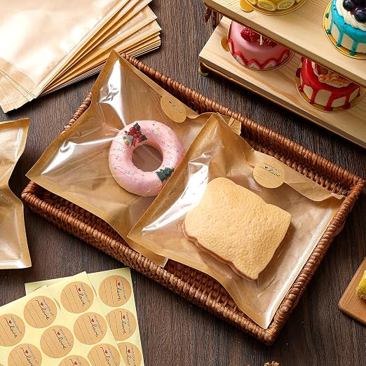 Outus 50 Pcs Cookie Packaging Bags with Seal, 7.1 x 7.5 Inch Bakery Pastry Bags with Window, Heat Sealable Grease Resistant Paper to Go Bake Sleeves for Gift Giving Donut Bread Sandwich (Brown)
