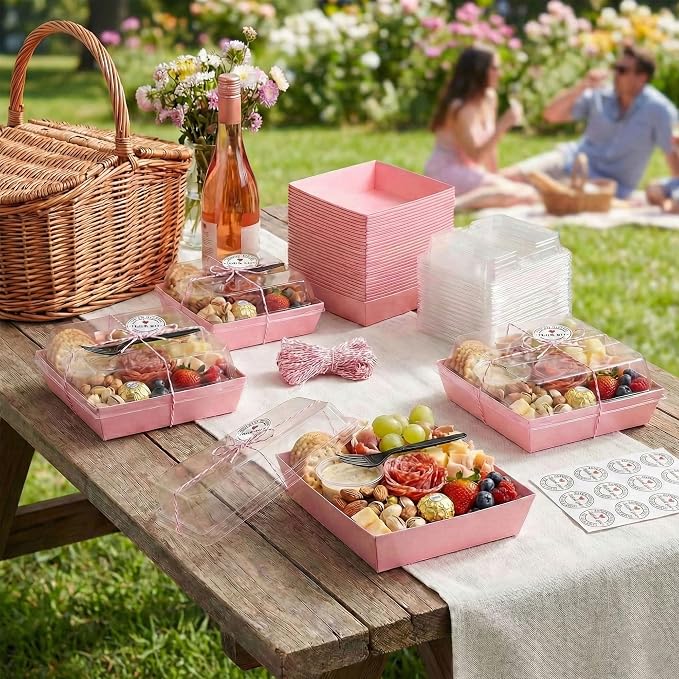 Leafiew 50 Pack Clear Treat Boxes with Forks - Small Dessert Boxes To Go - 5 Inch Disposable Paper Mini Containers for Cookie, Cake Slice, Charcuterie, Bakery, Strawberry, Baked Goods Packaging (Pink)