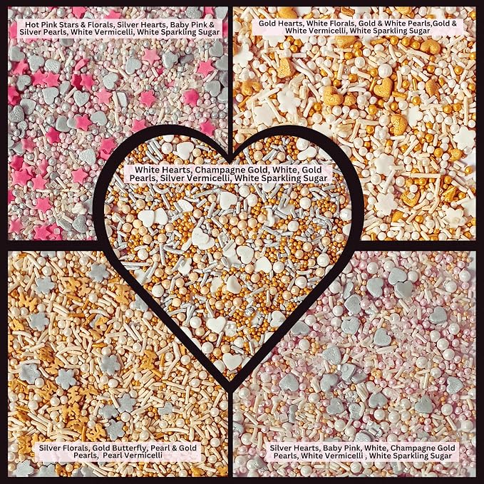 Confect Gold, silver and white Pearl Sprinkles | Sprinkles for Baking, Cookie & Cake Decorative | Valentines Edible sprinkle Mix Pack of 5 -Vegan, Gluten-Free, Nut-Free, Soy-Free, Dairy-Free, Palm Oil-Free -5 Oz