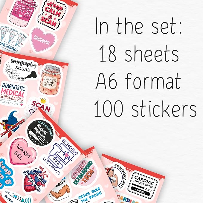100Pcs Sonography Stickers for Water Bottle, Laptop - Ultrasound Stickers - Sonography Gifts for Sonographer, Party Decorations - Gift for Women & Men