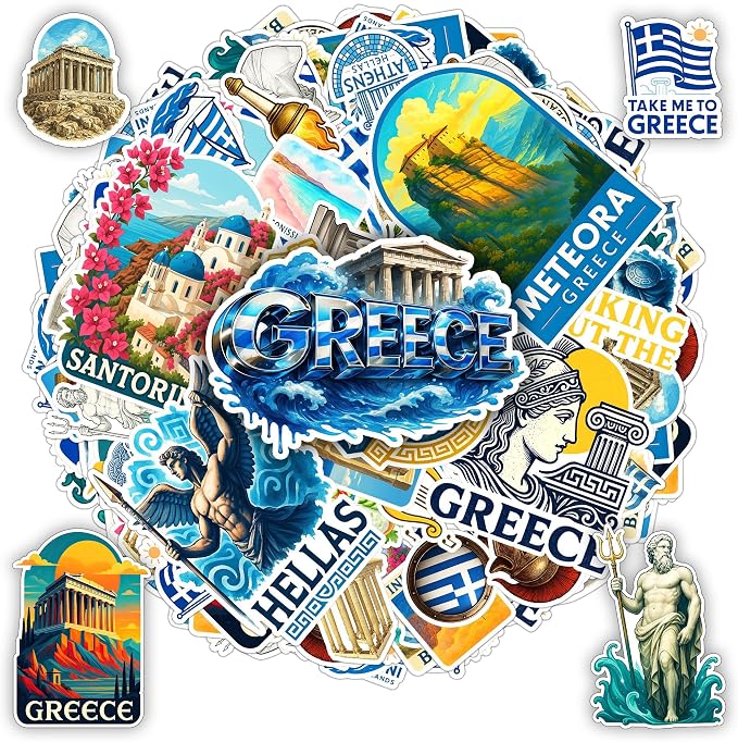100 PCS Greece Stickers Pack, Greek Travel Vinyl Waterproof Decals of Santorini Athens Mykonos Parthenon and Gods Culture Food Architecture Art Sticker for Laptop Water Bottle Scrapbook Teens