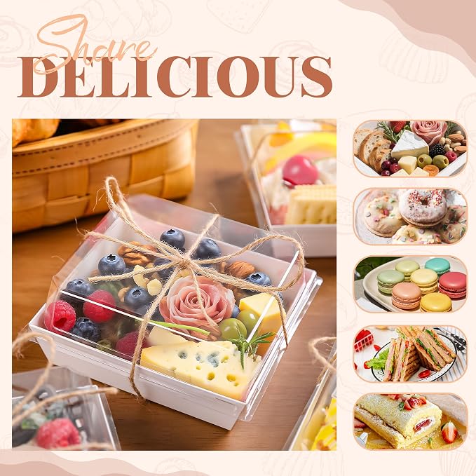 50 Pack White Kraft Grazing Boxes 5.3x4.9x2.5in for Snack Tables | Use for cookies, fruit, cake slices, mini sandwiches or tasting portions after cooling.