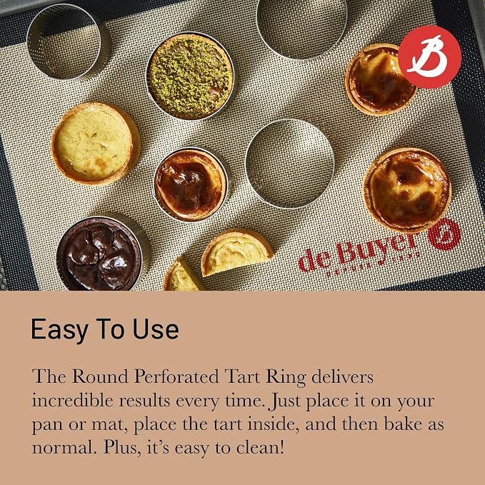 de Buyer Perforated Round Tart Ring - 3” Diameter, 1.4” Height - Perfect for Baking Beautifully Crisp Tarts - Easy to Use & Clean - Made in France