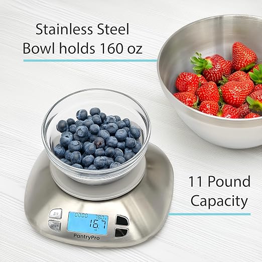 PantryPro Digital Kitchen Scale with Bowl - Stainless Steel 12lbs Capacity - LCD Display Grams and Ounces Battery Included