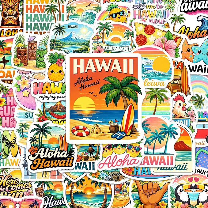 Hawaii Beach Stickers – Waterproof Vinyl Aloha Tropical Vacation Decals for Water Bottles, Laptops, Journaling – Non-Repeating Decals, High-Definition Print Gift for Womens (50PCS)