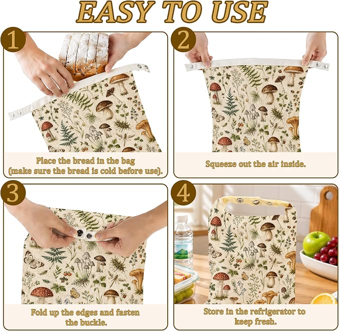 Mushroom Fern Bread Bags for Homemade Bread, Butterfly Garden 2 Pack Linen and Beeswax Sourdough Storage Bags, Reusable Keeper, Keeps Breads Fresh Longer, Gifts for Bakers