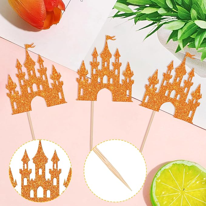 24 PCS Castle Cupcake Toppers Glitter Princess Cupcake Toppers Castle Theme Birthday Party Decoration Princess Happy Birthday Cake Decoration for Baby Shower Princess Birthday Party Supplies Orange
