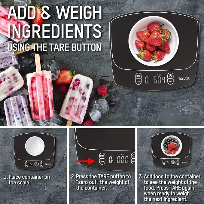 Taylor Waterproof Digital Kitchen Scale, 11 pounds, Black