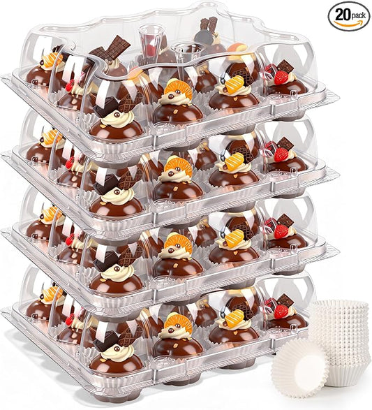 12 Count Mini Cupcake Containers 20 Sets with 240 Pack Cupcakes Liners, Plastic Cupcake Holder, Stackable Mini Cupcake Boxes Carrier, Clear Disposable Cupcake Trays, High Dome