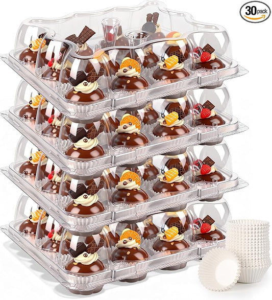 12 Count Mini Cupcake Containers 30 Sets with 360 Pack Cupcakes Liners, Plastic Cupcake Holder, Stackable Mini Cupcake Boxes Carrier, Clear Disposable Cupcake Trays, High Dome