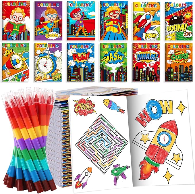 BenLouis 12 Hero Mini Coloring Books Kids with 12 Stacking Crayons Hero Party Favors Small Activity Books Bulk for Kids Hero Party Gift Goodie Bag Stuffers