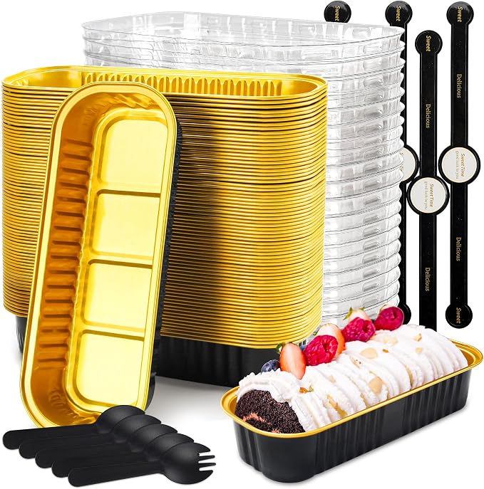 Loaf Pans with Lids, 50 Pack Black Gold 6.8oz for Dessert Tables | Suitable for mini breads, tart portions, dips and sweets; add the cover only after contents cool.