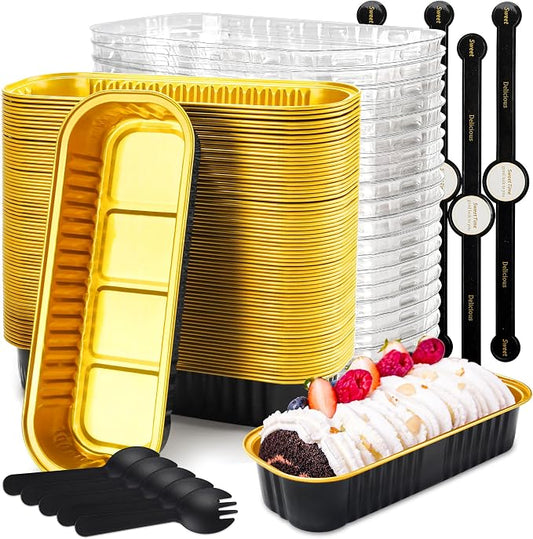 Loaf Pans with Lids, 50 Pack Black Gold 6.8oz for Dessert Tables | Suitable for mini breads, tart portions, dips and sweets; add the cover only after contents cool.