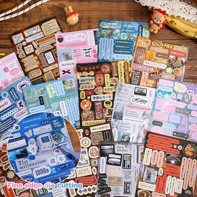 Girl's Japanese Retro Words Sticker Book, 700+ Kawaii Japanese Phrase Stickers, Cute Kanji Kana Quote Stickers Book for DIY Scrapbooking Journaling Handbook Decoration