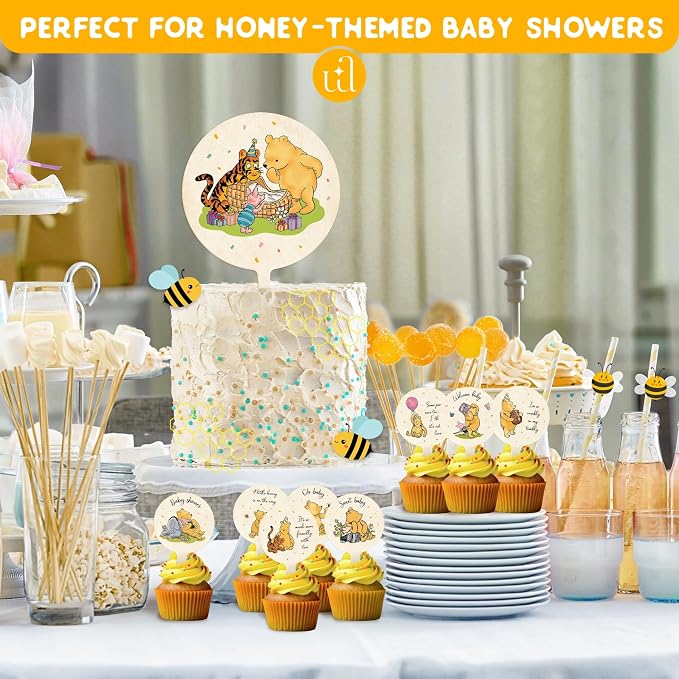 Woodamore Pooh Cupcake Toppers Birthday Decorations - Pooh Bear Baby Shower Cupcake Toppers, Cup Cake Topper For Pooh Baby Shower Decorations Ideas