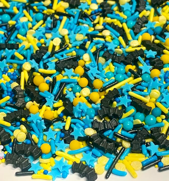 COOL MOM SPRINKLES Blue And Yellow Sprinkles (4 oz.) – Bat Hero Birthday Sprinkles for Decorating Cakes, Cupcakes, Cookies & Desserts – Mixed in the USA/Gluten-Free