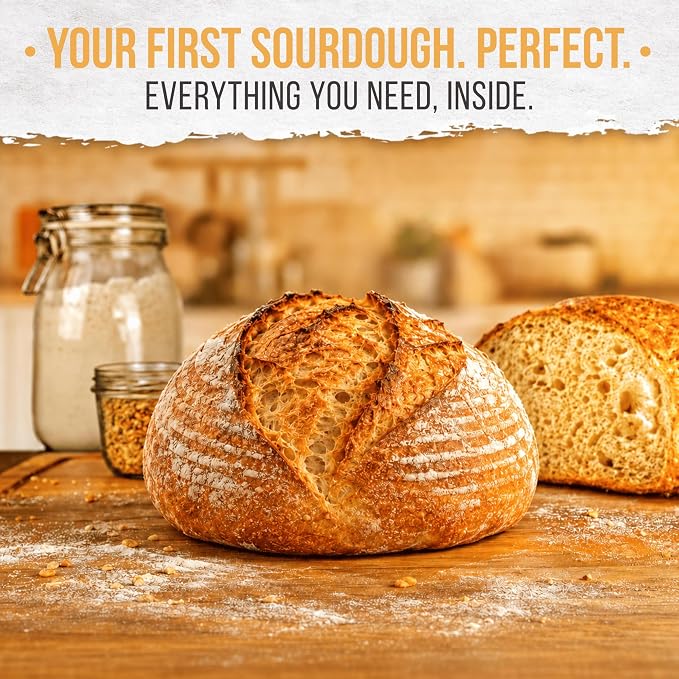 TheWarmUp Sourdough Starter Kit for Beginners with Baking Course & Video Guides, Large 40 oz Glass Jar, 10" Oval and 9" Round Bannetons, Danish Whisk, Lame, Dough & Bowl Scraper, 16 Stencils