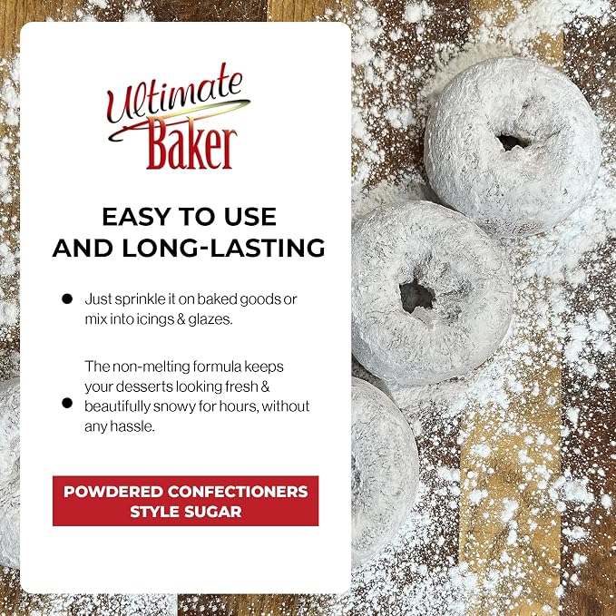 Ultimate Baker Vegan Non-Melting White Donut Sugar - All Natural Snow Sugar for Dusting Donuts, Icing & Baking with a Smooth White Coating for Decorating, Frosting & Finishing (8oz)