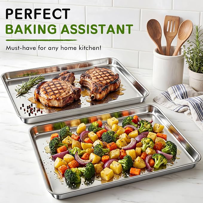 Stainless Steel Baking Sheet Pan Set of 2, Stainless Steel Cookie Sheets for Baking, 18 x 13 Inch Large Baking Tray for Oven, Warp Resistant Nonstick Half Sheet Pan, Heavy Duty & Easy Clean