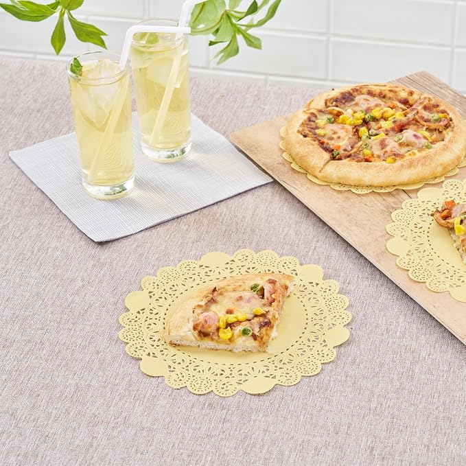 Pastry Tek 8 x 8 Inch Paper Lace Doilies, 100 Disposable Table Doilies - Elegant Lace Finish, Long Lasting, Yellow Paper Doily, for Pastries, Cupcakes, Desserts - Restaurantware