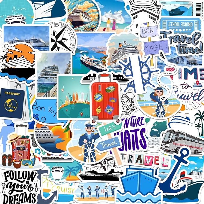 50 Pcs Cruise Travel Stickers for Scrapbooking, Waterproof Vinyl Nautical Ocean Stickers for Laptops Water Bottles Journals, Blue Aesthetic Cruise Ship Decals for Adults
