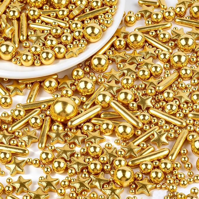 Gold Sprinkles for Cake Decorating, Edible Gold Pearl Stars & Rods Sprinkles in Mix Sizes 130g/4.6oz, Baking Cupcakes, Donuts, Macarons Baking Toppings