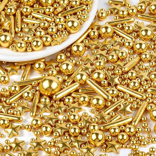Gold Sprinkles for Cake Decorating, Edible Gold Pearl Stars & Rods Sprinkles in Mix Sizes 130g/4.6oz, Baking Cupcakes, Donuts, Macarons Baking Toppings
