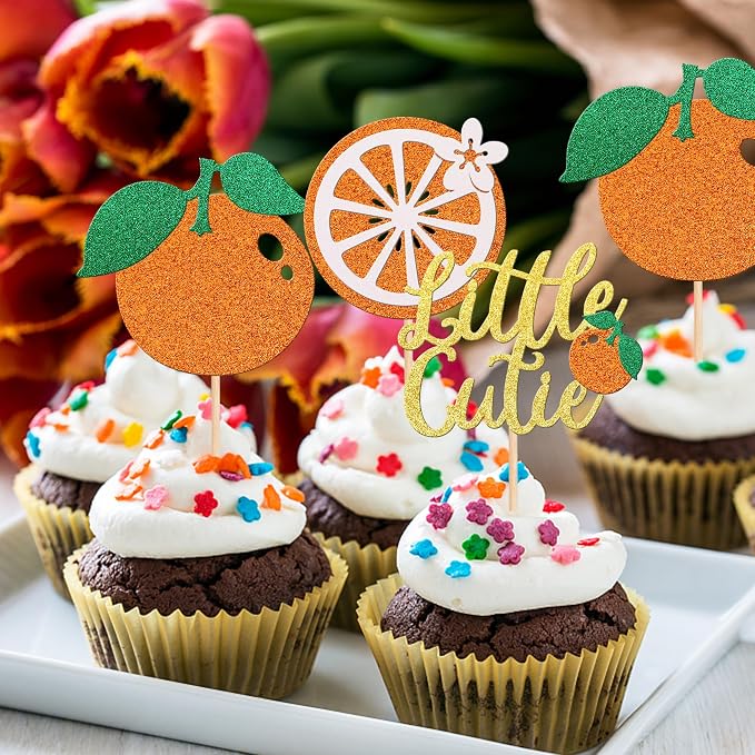 30 PCS Little Cutie Cupcake Toppers Glitter Fruit Orange Cupcake Picks for Citrus Theme Baby Shower Kids Boys Girls Birthday Party Cake Decorations Supplies Gold