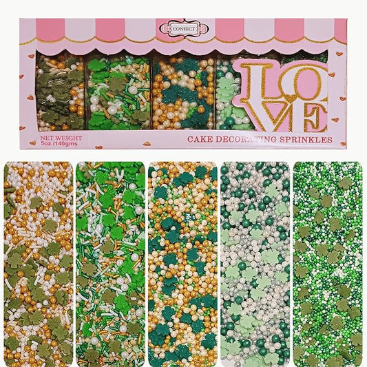 Confect St. Patricks Green ,White and Gold Pearl, Vermicelli Edible Sprinkles for Baking & Cake Decorative | Cookie Sprinkles mix Pack of 5 | Vegan, Gluten-Free, Nut-Free, Soy-Free, Dairy-Free, Palm Oil-Free - 5 Oz