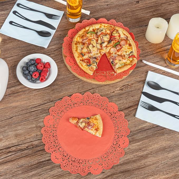 Restaurantware Pastry Tek 12 x 12 Inch Lace Doilies 100 Decorative Tableware Placemats - Disposable Round Red Paper Table Doilies For Birthdays Or Weddings Table Decor