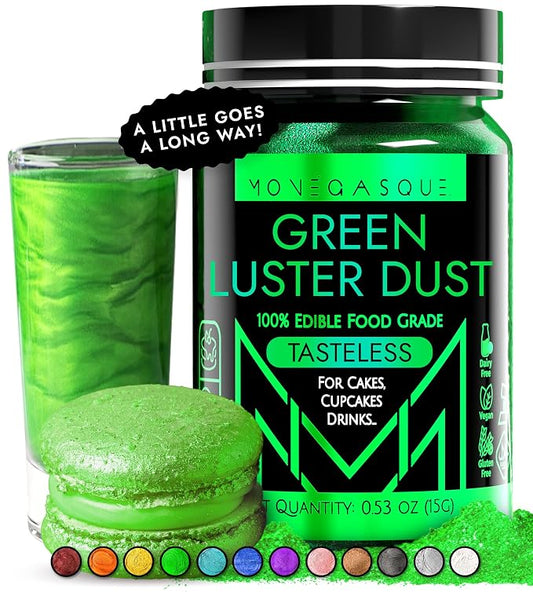 MONÉGASQUE Green Edible Glitter for Drinks 15g – Edible Glitter for Cakes & Cocktails – Luster Dust for Drinks & Cake Decorating – Cocktail Drink Shimmer Powder – Green Food Coloring Sprinkles Spray