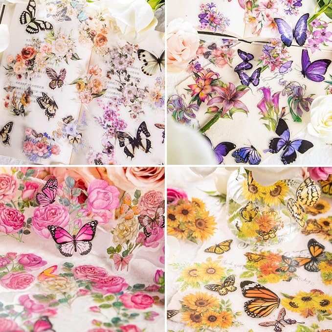 Knaid 300 Pieces Assorted Butterfly and Flower Stickers, Transparent Butterflies Floral Resin Decals Aesthetic Journaling Scrapbook Stickers for Card Making Bullet Junk Journal Planner Craft Supplies