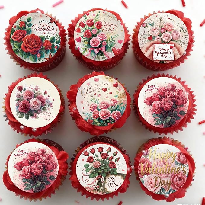 36PCS Edible Happy Valentine’s Day Cupcake Toppers Wafer Paper Roses Be Mine Kiss Me Cupcake Picks Valentine’s Cake Decor for Valentine's Day Theme Wedding Party Supplies