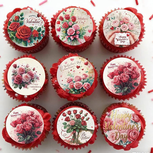 36PCS Edible Happy Valentine’s Day Cupcake Toppers Wafer Paper Roses Be Mine Kiss Me Cupcake Picks Valentine’s Cake Decor for Valentine's Day Theme Wedding Party Supplies