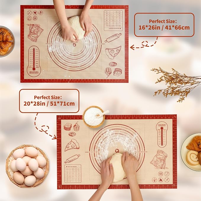 Silicone Baking Mat with Measurements, 26x16Inch Extra Thick Silicone Mats for Making Pie Bread Pizza, Nonstick Kitchen Pastry Matt for Dough Rolling Kneading, Heat Resistant Oven Liner Gift for Baker