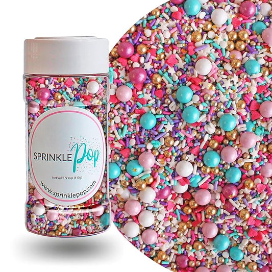 Sprinkle Pop Hey Sugar! Sprinkle Mix| Purple White Pink Aqua Sprinkles Mix with Pink Heart Confetti| Girl Lady Valentines Sprinkles Made in USA for Decorating Cupcakes Cakes Cookies Donuts, 2oz