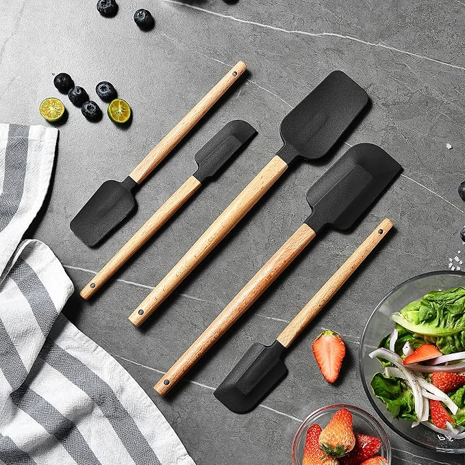 Silicone Spatula Set 5-Piece, Food Grade Heat Resistant 600°F, Wooden Handle Non-Stick Kitchen Utensils for Cooking & Baking (Black)
