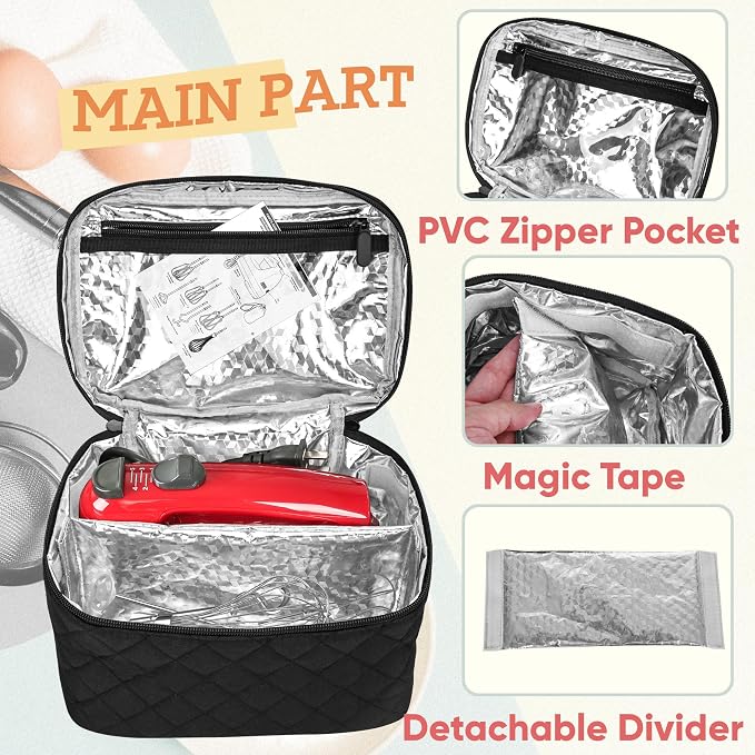 Quilted Electric Hand Mixer Carrying Bag for KitchenAid 5/6/7/9 Ultra Power Speed Mixers, Hand Mixer Electric Handheld Bag with Handle for Kitchenaid Mixer Attachments, Black