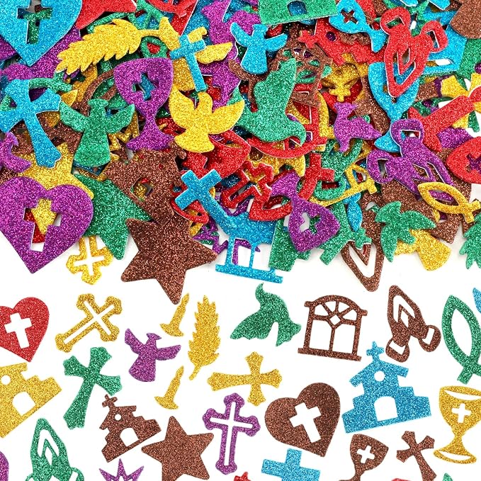 600Pcs Christian Glitter Foam Stickers Adhesive Bible Stickers | Religious Jesus Cross Decals for Kids, Sunday School Classroom Projects Activity, DIY Crafts Art, Party Favors Decorations