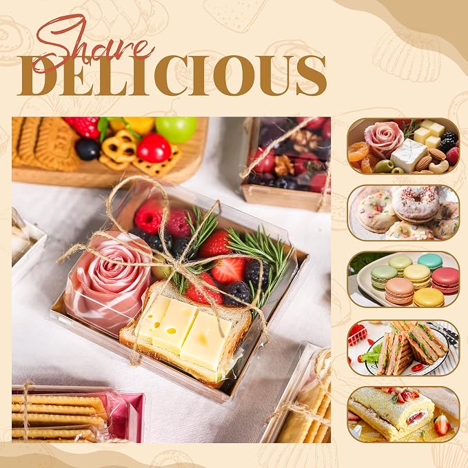 50 Pack Brown Charcuterie Boxes 5.3x4.9x2.5in for Market Bites | Twine and stickers add a finished look for handmade snacks, samples and small orders.