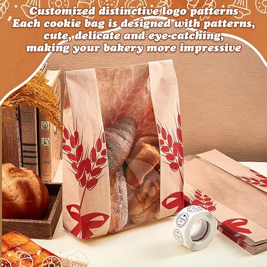 Gueevin 200 Pcs Kraft Paper Bread Bag for Homemade Bread Large Sourdough Loaf Bag with Clear Window Bakery Food Package Storage with 500 Pcs Sticker for Popcorn Cookies, 14x8.3x3.2''