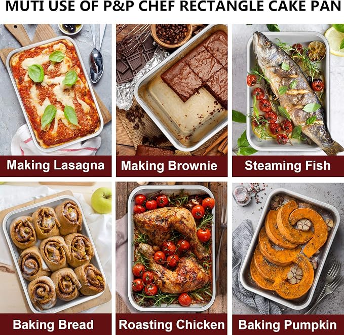 P&P CHEF Lasagna Pan, Rectangular Cake Pan Roaster Pasta Baking Cookie Sheet Pans Stainless Steel, Heavy Duty & Durable, Oven & Dishwasher Safe, 10.7" L x 3.2" H