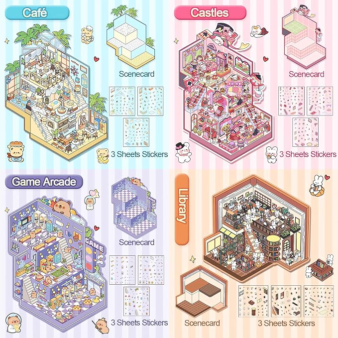 4 Sets Big DIY 3D Sticker Scene Isometric Miniature Room Stickers Book for Kids Adults Cute Make Your Own House Stickers for Gifts Paint by Sticker Third Floor Library Café Castles Game Arcade (A set)