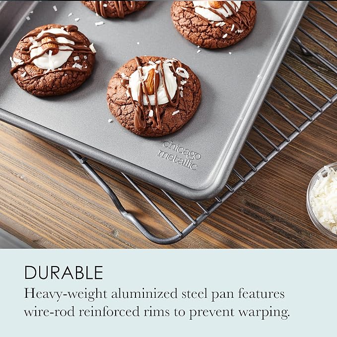 Chicago Metallic Commercial II Non-Stick Small Cookie/Baking Sheet. Perfect for making jelly rolls, cookies, pastries, one-pan meals, and more,12.25 by 8.75, Gray (Pack of 6)