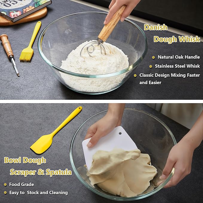 Sourdough Bread Baking Set, 10 Inch Oval & 9 Inch Round Banneton Bread Proofing Baskets with Linen Liner, Silicone Bread Sling, Danish Dough Whisk, Dough Scraper Kit, Silicone Brush & Spatula