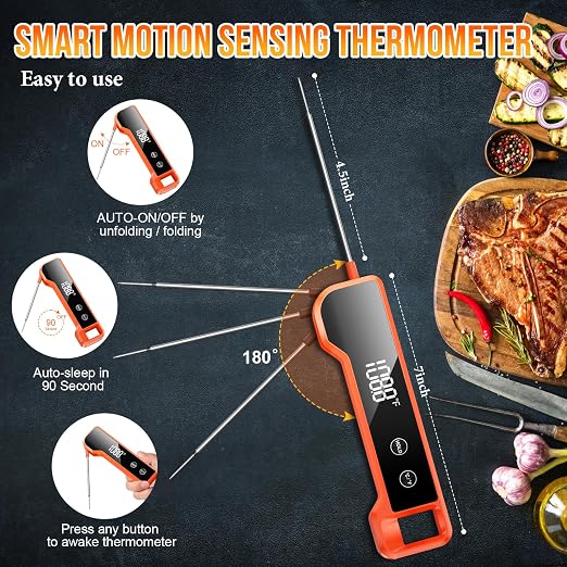 Instant Read Food Thermometer, Kitchen Cooking Gadgets with Backlit LCD Display, Fast & Accurate Temperature for Meat, BBQ, Grill, Baking, Deep Fry, Candy Making - Waterproof & Easy to Use