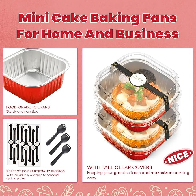 NPLUX 50 Pcs Mini Square Baking Cups with Lids and Spoons Aluminum Foil Mini Cake Pans with Lids Disposable Ramekins Cake Pans Dessert Cups for Wedding, Graduation Gifts Party Favors(Red,10oz)